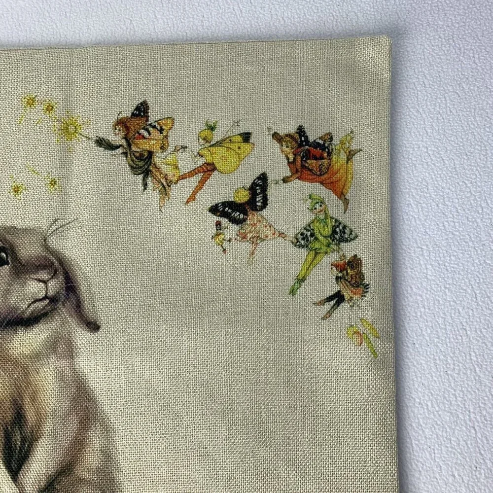 Easter Bunny Eggs Fairies Woven Pillow Cover Square Butterfly 17.5” x 18”